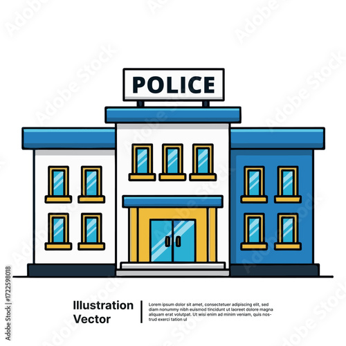 Police Station Building Exterior with Blue and Yellow Accents, Vector Illustration