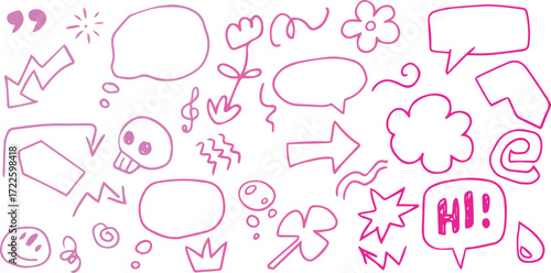 Sketch icons hand drawn, children draw style, grunge style icon set. Human cranium, chat bubbles, blossoms, text message HI, lightning bolt, arrow. Painted with pink and purple grunge curves 
