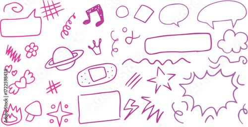 Sketch icons hand drawn, children draw style, grunge style icon set. Adhesive bandage, chat bubbles, blast, star shape, Saturn, heart symbol, flame, toadstool. Painted with pink and purple grunge 