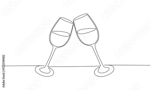 Continuous one line drawing of cheers two glasses.