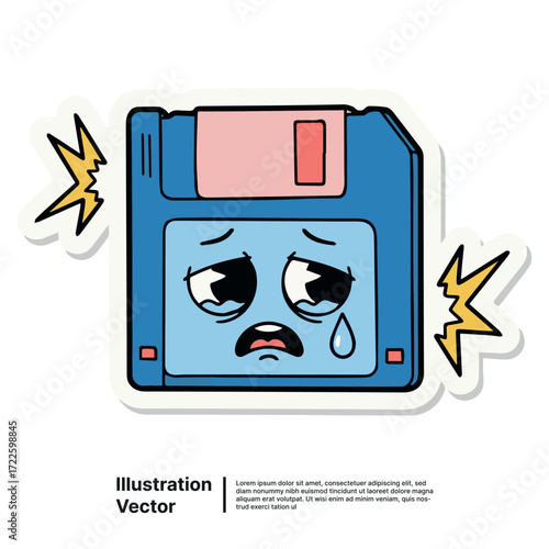 Sad crying floppy disk character mascot, a symbol of obsolete technology and forgotten data