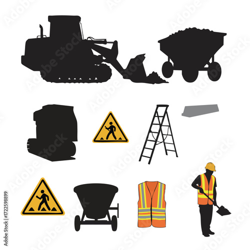 This vector set shows construction elements: heavy machinery, safety signs, and a worker in a vest, highlighting industrial safety and road work.