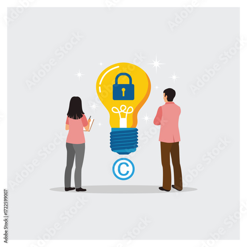 Property Protection. Businessman Stand Beside Light Bulb Idea with Copyright Symbol.