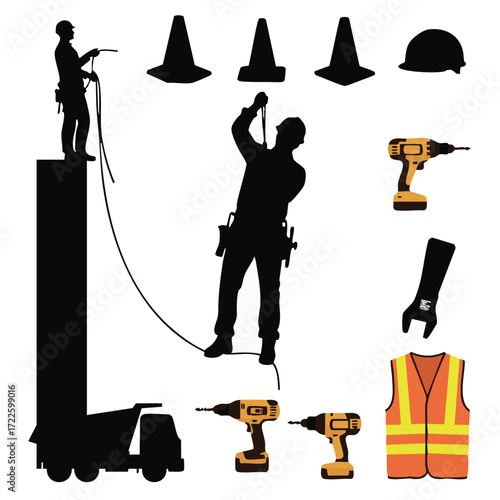 A dynamic graphic collection featuring construction worker silhouettes, essential safety equipment, and various power tools, perfect for industrial labor and building.