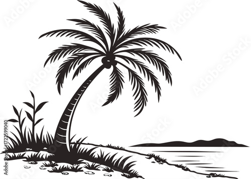 Silhouette of a leaning palm tree on a beach with grass and distant hills ocean water