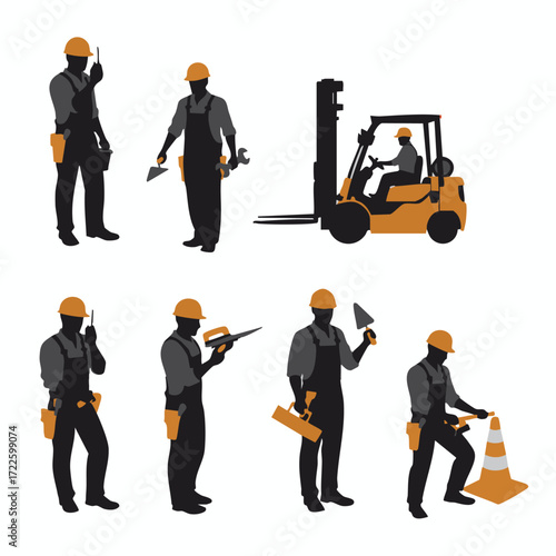 This graphic displays diverse silhouettes of construction and industrial workers, equipped with essential tools and safety gear, performing professional duties.