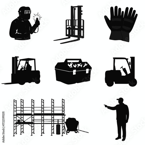 Black silhouette icons illustrating industrial workers, heavy machinery, and construction tools, representing key elements of labor and workplace safety.
