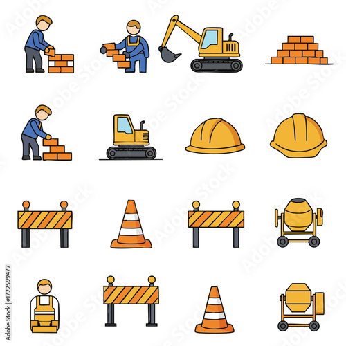 An essential set of outlined vector icons illustrating common construction elements like workers, building materials, heavy equipment, safety tools, and road work items.