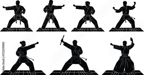 Martial arts silhouette, karate pose, black figure, traditional gi, weapon stance, fighting motion, athlete posture, self-defense art, vector design, discipline form