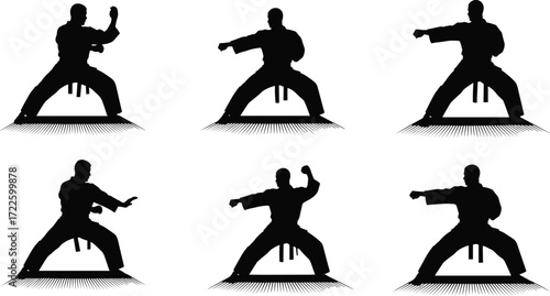 Martial arts silhouette, karate stance, black figure, fighting pose, athlete motion, self-defense posture, traditional gi, combat technique, vector design, discipline form