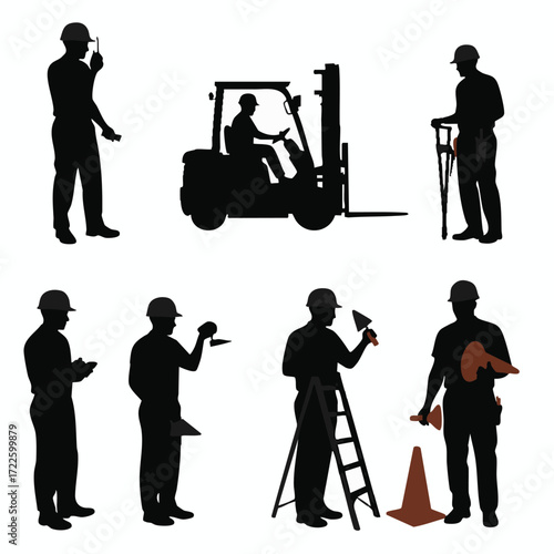 A versatile vector set of industrial worker silhouettes, depicting various essential occupations, including construction, logistics, and safety management roles.