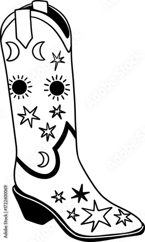 A black and white line drawing of a cowboy boot with celestial motifs
