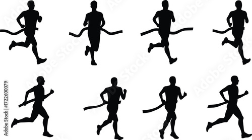 Runner silhouette, finish line, race victory, athletic motion, black figure, sports competition, winning moment, running posture, fitness action, vector design