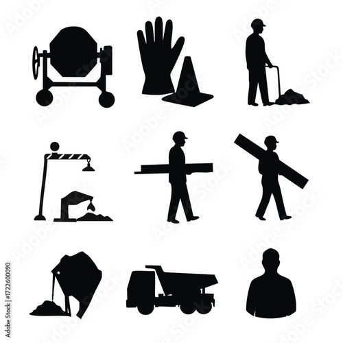 A comprehensive collection of black silhouette icons depicting various construction workers, heavy machinery, and essential safety equipment on a white background.