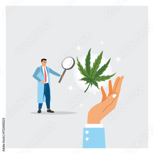 Medical Researcher Examines Marijuana Alternative Medicine With Magnifying Glass.