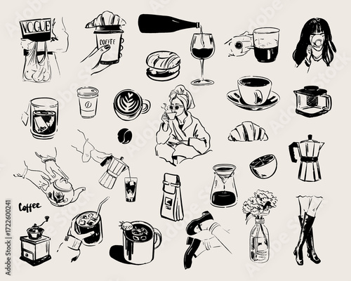 A black and white sketch of various lifestyle and food items