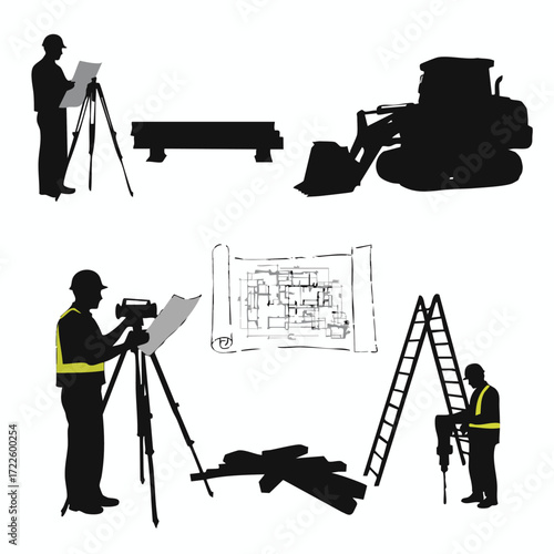 Vector illustration of construction workers, engineers, and surveyors, with heavy machinery, tools, and blueprints, representing the industry.