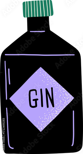 A black bottle of gin with a purple diamond label