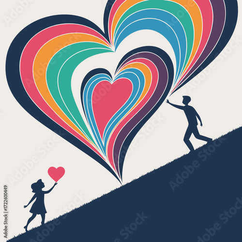 Couple reaching for a heart on a hill with rainbow colors background