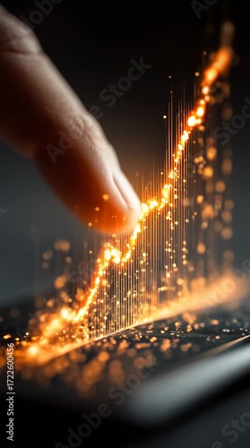 An illuminated finger pointing at a rising graph on a smartphone, symbolizing growth and progress in digital finance.