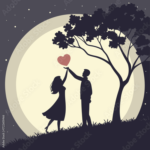 Couple silhouette under the moon with heart in hand on valentines day