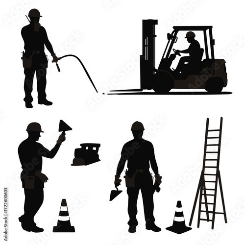 Silhouettes of construction workers performing various tasks with tools and heavy machinery, emphasizing industrial labor and workplace safety.