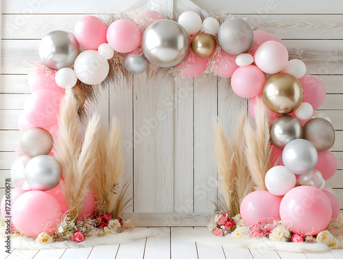 Pink, Gold Pampas Grass Balloon Arch, Flowers, Minimalist White Wall Decoration
