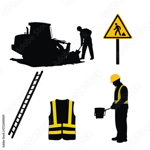 Various silhouettes showcase construction workers, heavy machinery, a warning sign, and safety equipment, highlighting labor and occupational protection.