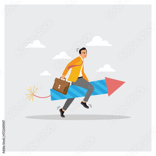 Risk Management Concept. Businessman Riding firework Booster Starting to Fly.