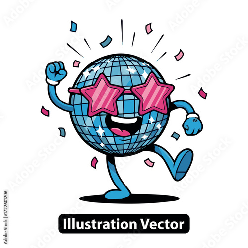 Funky Disco Ball Character with Star Sunglasses Dancing and Celebrating with Confetti