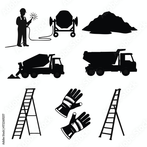 Graphic silhouettes of construction site elements: welder, heavy machinery, ladders, and safety gloves, depicted for industrial building work.