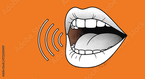 An illustration of an open mouth speaking sound waves emanating outwards on an orange background.