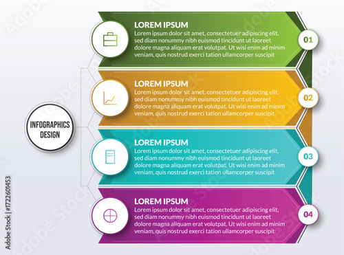 Dynamic 4-step process flow infographic with colorful numbered chevron banners, designed as an engaging vector template for project stages, marketing plans, or business growth