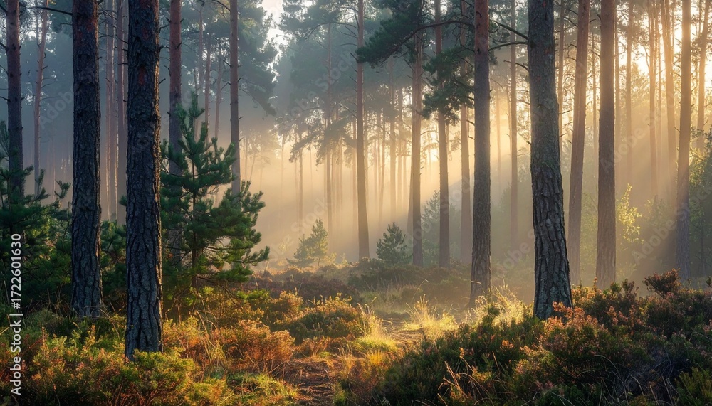Fototapeta premium A misty pine forest in the morning light, atmospheric and highly detailed