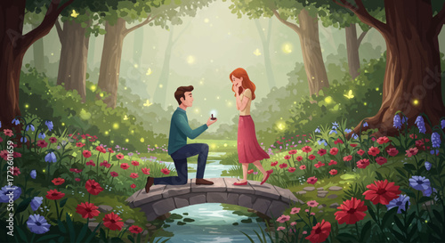 A whimsical illustration captures a magical marriage proposal within an enchanted flower garden, where love blossoms amidst unique flora and ethereal light. 