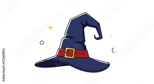 A dark blue witch's hat with a red belt buckle and a few sparkles around it.