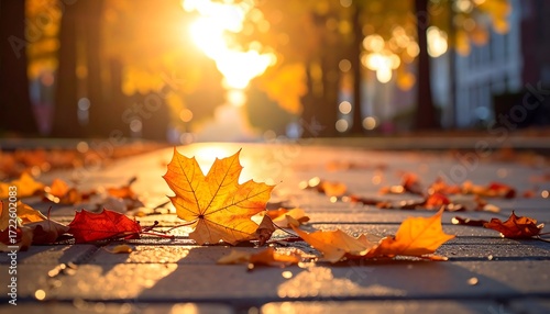 Autumn leaves on a pathway, sunlit