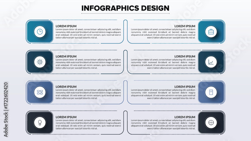 Modern 8-point comparison infographic with two columns, creating a professional side-by-side vector template for product analysis, pros and cons, or feature lists