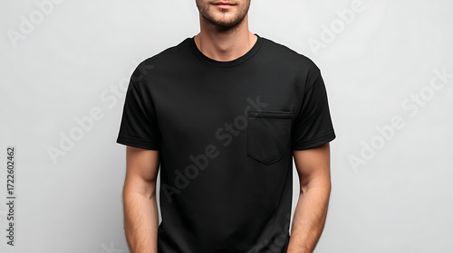 Man wearing a plain black t shirt with a chest pocket against a clean white background