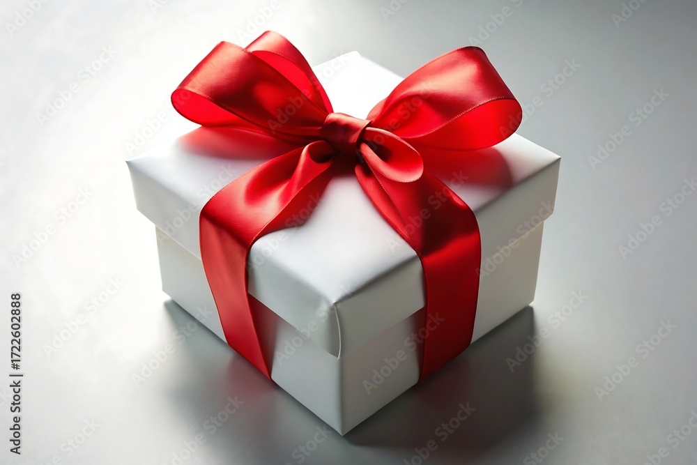 Fototapeta premium White gift box with a vibrant red satin ribbon and bow on a reflective surface present white box