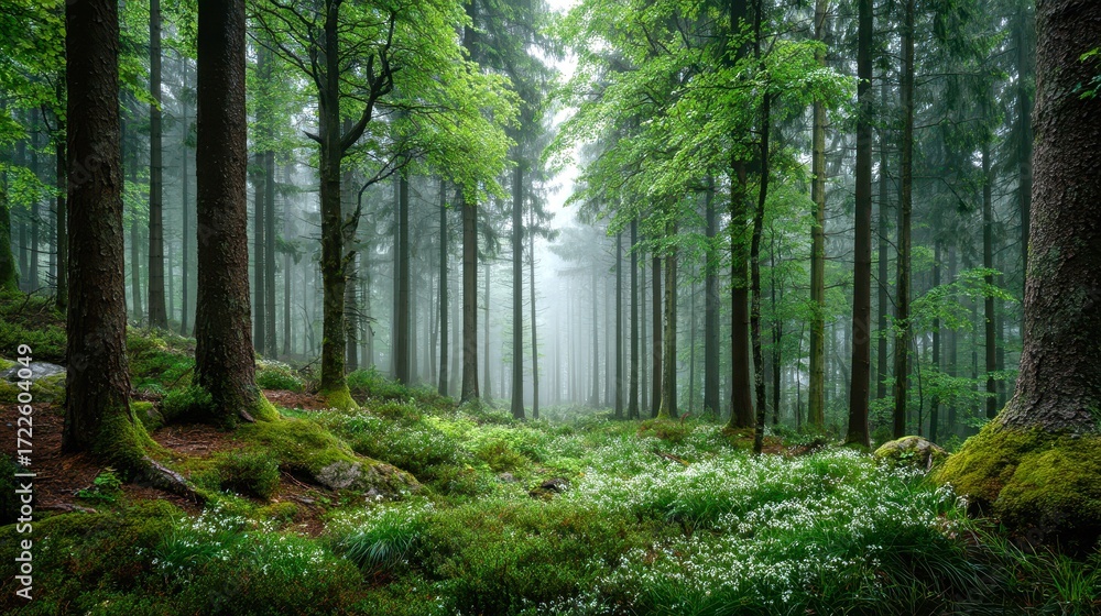 Obraz premium Lush Forest Landscape with Mist and Blooming Wildflowers in Spring