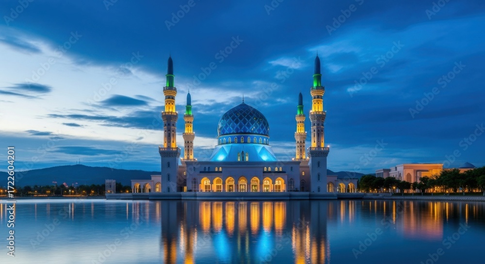 Obraz premium Beautiful Mosque Illuminated at Night Reflecting in Water