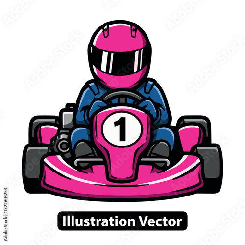 Champion go-kart driver in a pink race car and helmet competing for victory on the track