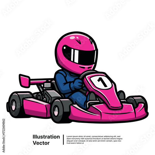 Go-kart Racing Illustration of a kart racer in a pink kart with a helmet and number 1