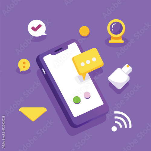 Modern smartphone displaying messaging app notifications with various digital icons and symbols floating around on a vibrant purple background