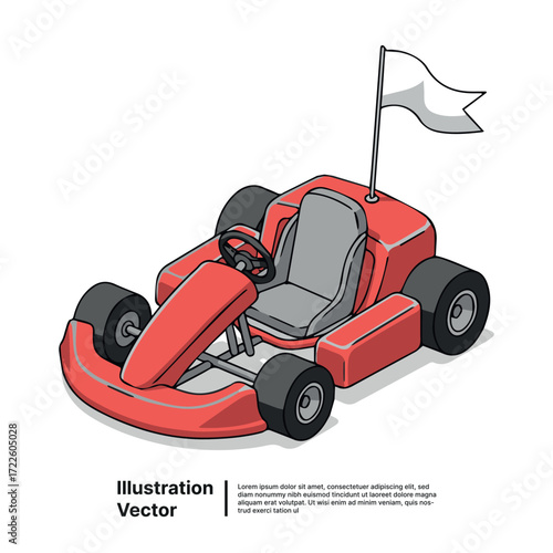 Isometric illustration of a red go-kart with a white flag and grey seat, racing concept