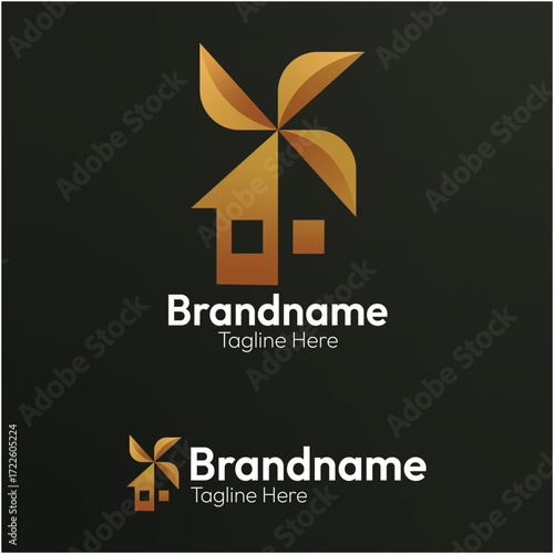 Abstract house and windmill logo design with a modern golden gradient for real estate, property, or home-related businesses