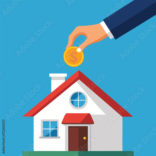 Hand in a suit dropping a gold coin into the chimney of a cartoon house symbolizing real estate investment and savings for a home