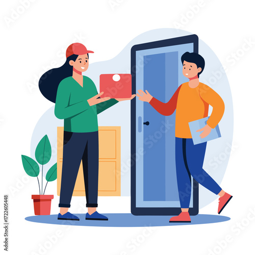 Friendly delivery person in a cap hands a package to a happy customer at their doorstep with a potted plant and boxes in the background