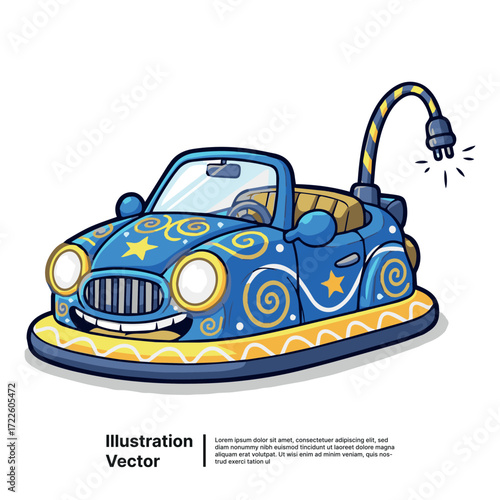 Cheerful blue cartoon bumper car with a smiling face, a classic funfair attraction vector illustration